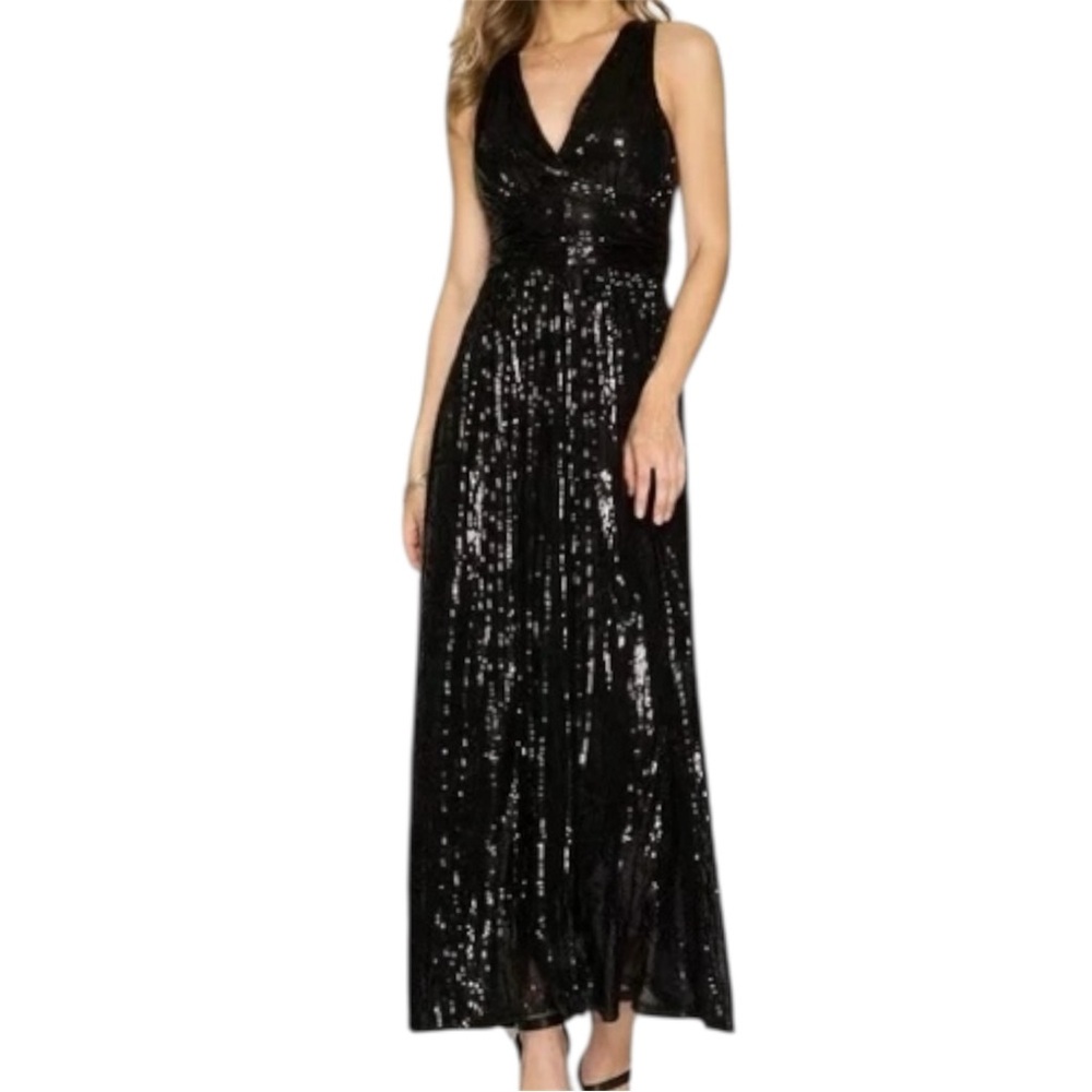 BLACK SEQUIN V Neck Formal Dress Sz M